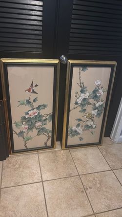 Pair of Framed Asian Bird and Floral Prints