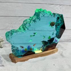 Handmade Epoxy Resin Little Mermaid W/Clown Fish Underwater Night Lamp9x7 Larger Size