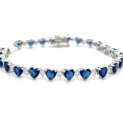 925 Sterling Silver CZ 7” Blue Hearts Bracelet 10.30g 198090/7