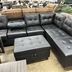 BRAND NEW 3pc. Black Sectional with Storage Ottoman & Fold-down Armrest & Cup Holders (Reg. $1,200).  New in boxes!  IN STOCK TODAY!