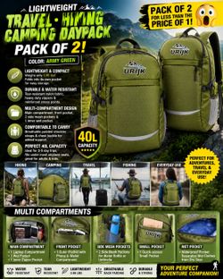 🎒⭐️ Pack of 2 Lightweight Travel Hiking Camping Daypacks – 40L Waterproof (Army Green or Black)