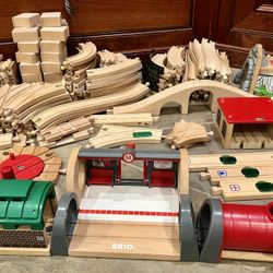 Wooden Train Tracks W/ Trains And Bridges