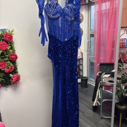 Royal Blue Dress With Large Rhinestones & Gloves
