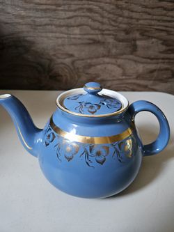Beautiful Blue & Gold Leaf Hall Teapot 10 Cup With Lid Tea Pot