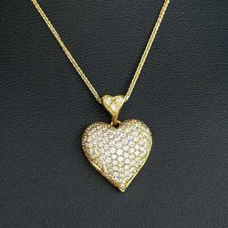 18k Yellow Gold Puff Diamond Heart Pendant & Chain Necklace 16”