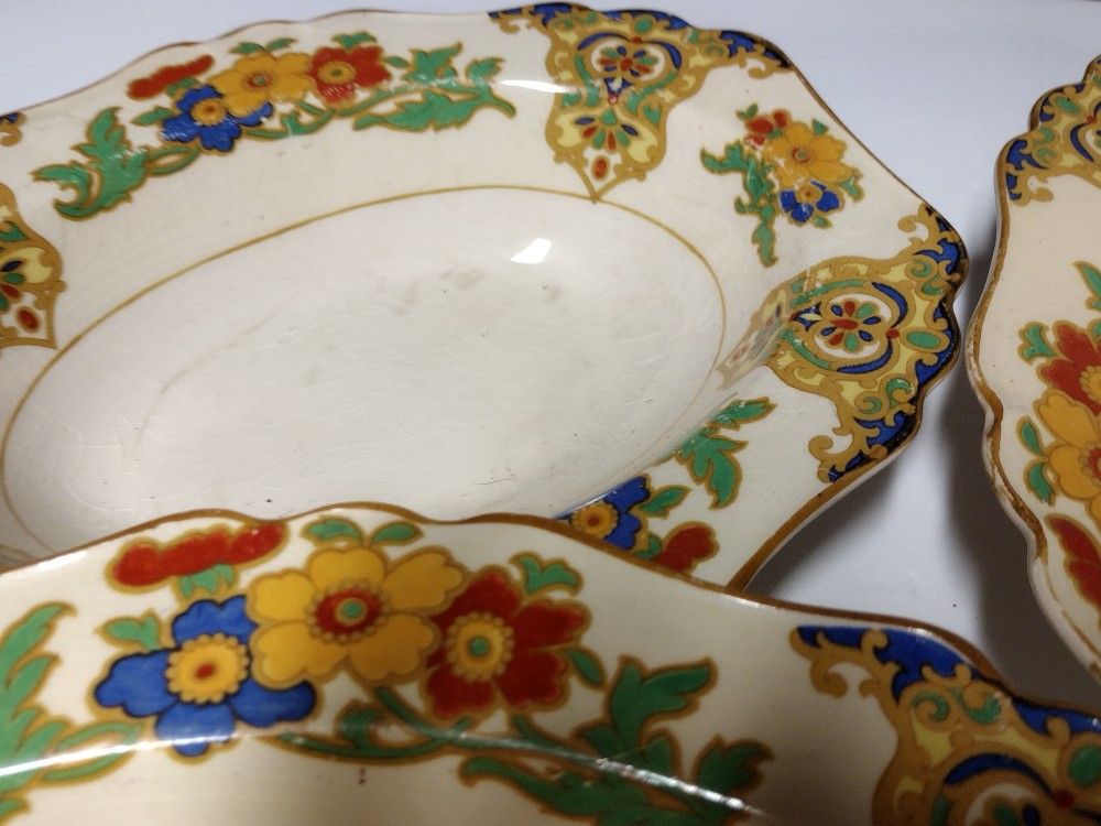 Vintage Colorful Bowls With Floral Decoration Yellow Blue Red