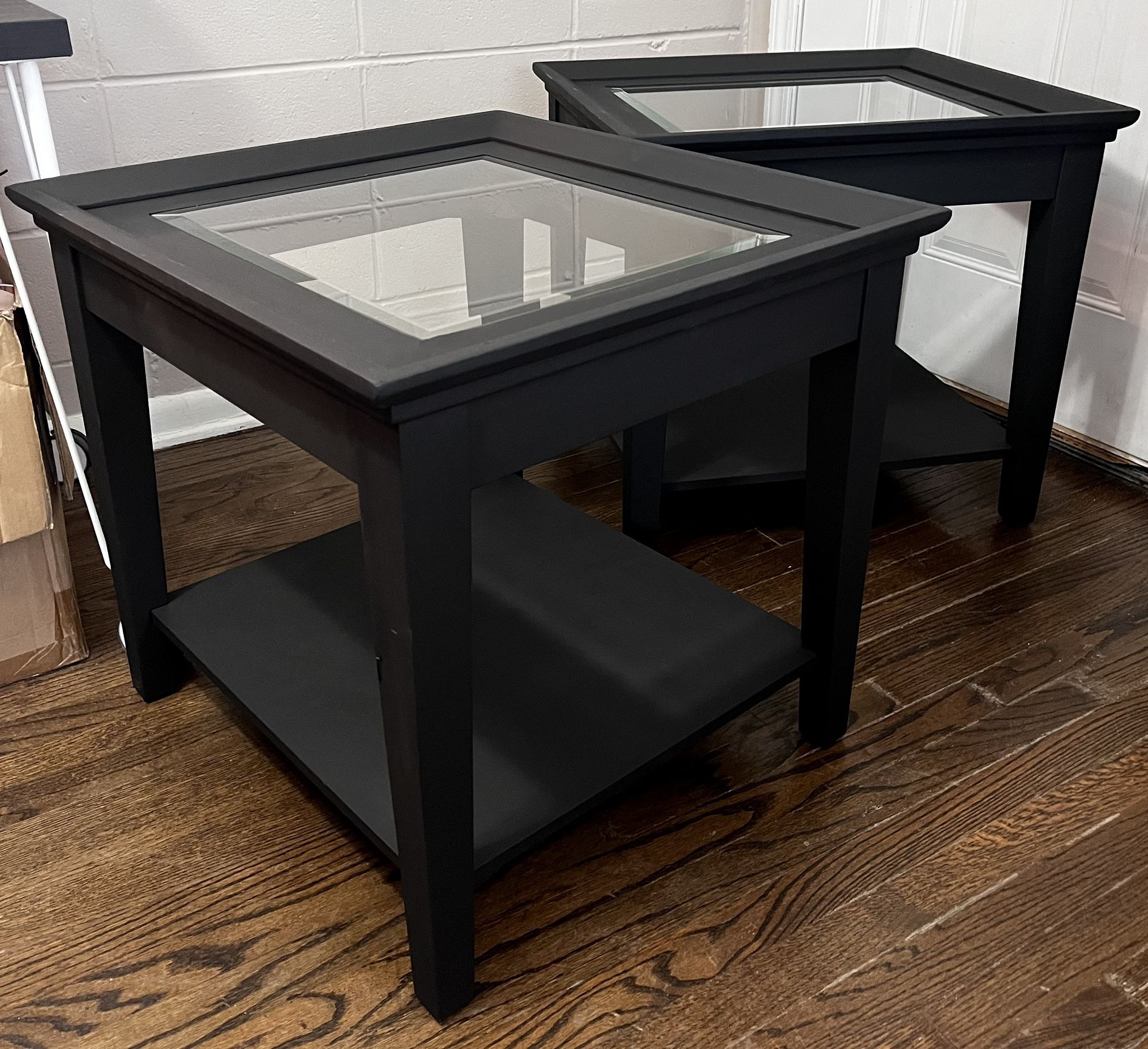 Pair of Side Tables, 2-Tier, Glass Top, Accent Furniture, End Table, Black