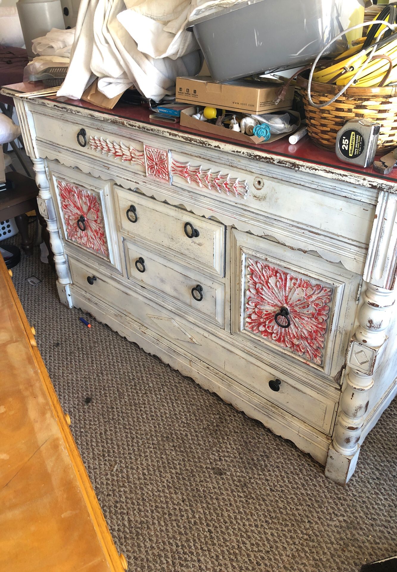 Antique buffet side table with shelves and drawers and glass top