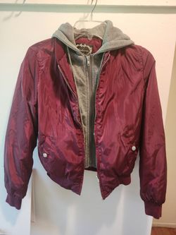Women's Burgundy Lightweight Bomber Jacket with Gray Hood