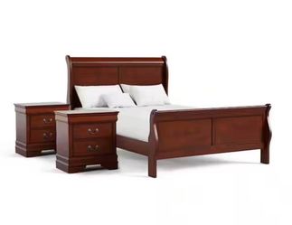 Furniture of America Burkhart 3 Piece Cherry Wood Full Bedroom Set with 2 Nightstands