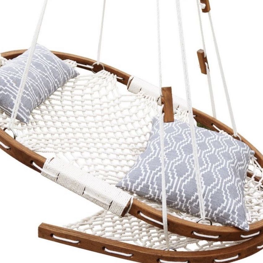 NEW Saniwerke Rope Net Lounge Hammock with Wood footrest, Fretwork Pewter, Hanging Chair Swing with Cushions, Indoor Outdoor Porch Hammock