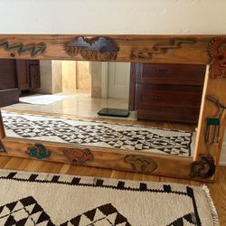 🌵 Eclectic Southwestern Carved Solid Wood Mirror - 48”x26” 