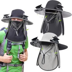 Glitopper 2 Pcs Solar Fan Hats with Face Mask Solar Powered Wide Hat with Fans and Removable Neck Cover, for Fishing Hiking Gardening Cooling, Wide Br