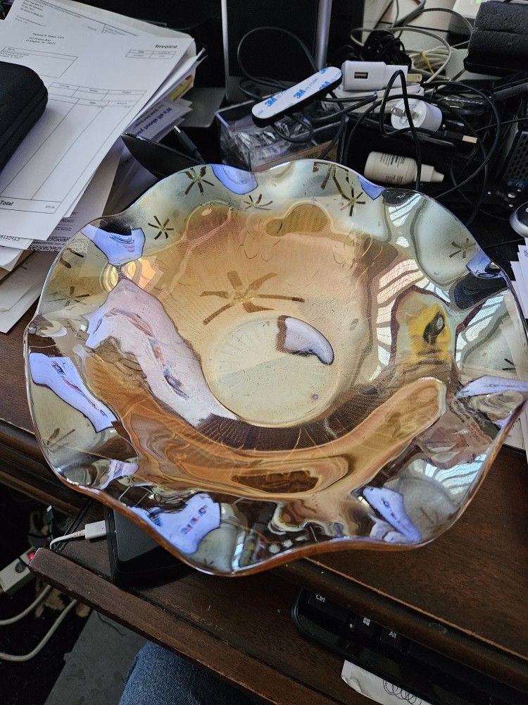 Vintage Jeanette Iris & Herringbone Marigold Glass Ruffled Serving Bowl