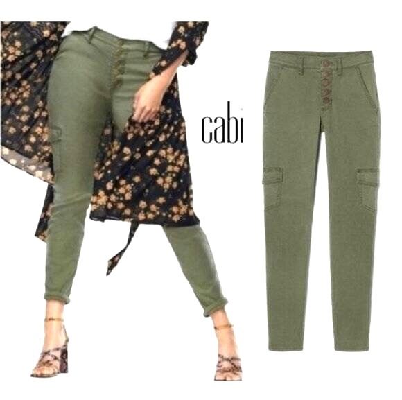 CAbi Open Button Fly Skinny Leg Olive Green Stretch Cargo Pants Style #5872 SZ 4