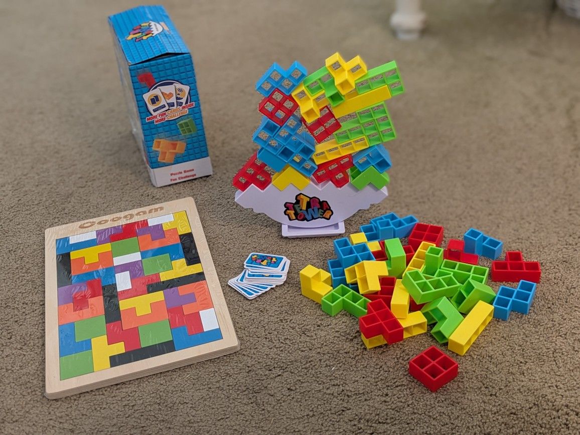 48 PCS Tetra Tower Balance Stacking Game & Coogam Wooden Tetris Puzzle