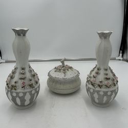 4 piece lot Vintage C. Sadek unglazed porcelain 2 vases trinket box lid rare unique Japan