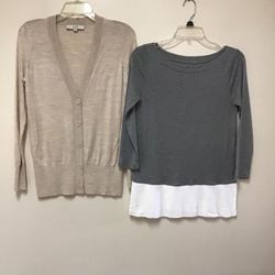 Women’s LOFT Ann Taylor tan cardigan and gray cotton top…size-XS