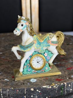 Vintage Consort Carousel Horse Clock Figurine, Floral Gold Detail Resin, 4-inch