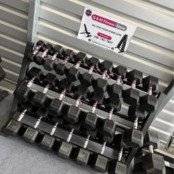 Top quality ⭐️New pair of 5,10,15,20,25,30,35,40,45,50,55,60lb rubber dumbbells with rack. $958