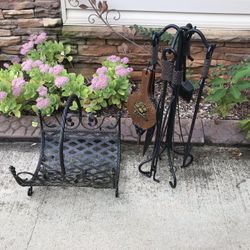 Very Nice Hand-Forged Heavy Wrought Iron Fireplace Set And Wood Log Holder