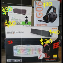 Gaming Headset, Gaming Keyboard, Security Cameras, Bluetooth Speaker, Computer Soundbar. 