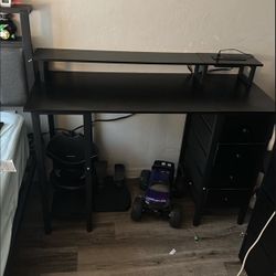 Lufeiya Black Desk with Drawers Storage - 47 inch Home Office Computer Gaming Desks with Monitor Stand  and Power Outlets, Black