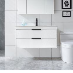 Bathroom Vanities Cabinet with Sink Combo, Wall Mounted Floating Cabient W/Decor Line, Soft-Close System, 2 Extra Big Drawers, Matte Black Faucet, Whi