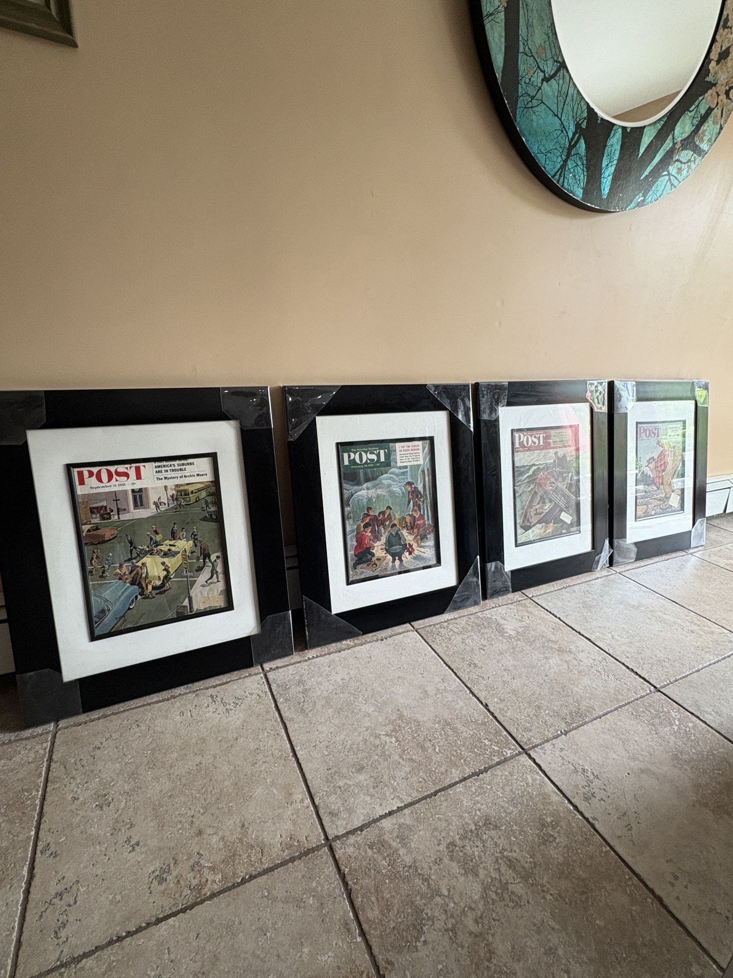 Rare antique 4 pack of framed Saturday evening post magazine covers from 1940’s and 1950’s