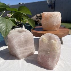 Rose Quartz Candle Holders + Pink Himalayan Salt Holder Set