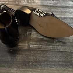 L.A.M.B. Olesia Oxford Black White Leather Houndstooth calf hair lace-up Flat sz 8.5