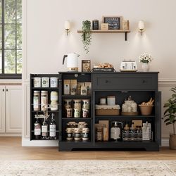 Buffet Cabinet with Storage, Modern Sideboard Buffet with Doors, Wood Coffee Bar Kitchen Storage Cabinet with Drawer and Adjustable Shelf for Kitchen,
