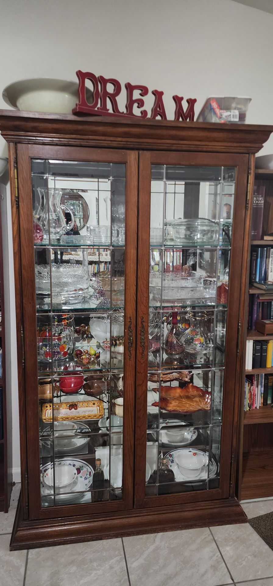 Large Solid Wood China Cabinet / Curio Cabinet w/ Glass Shelves