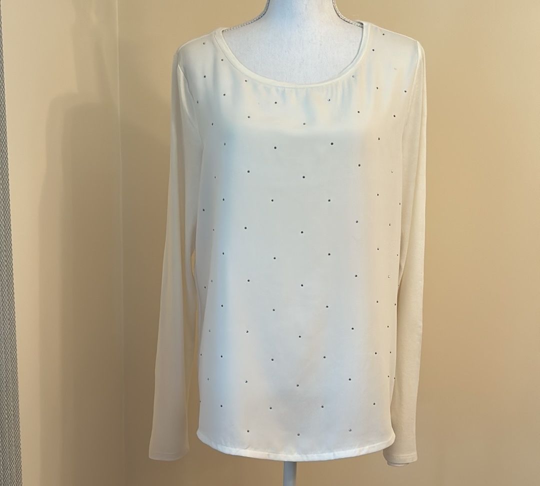 TOMMY HILFIGER Ivory Stretch Rhinestone Long Sleeves Pullover Top Size L