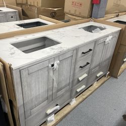 Bathroom vanity cabinet 72” solid mango Quartz top with sinks and backsplash 