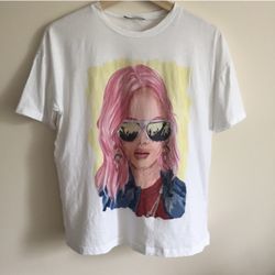 ZARA White Pink Hair Girl Billie Eilish Style Short Sleeve Graphic Tee