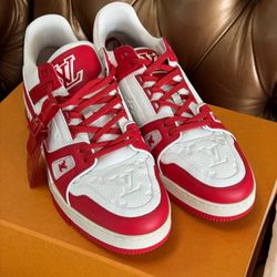Louis Vuitton LV Trainer Low Product Red White Pre-Owned Shoes Sneakers Tag Box Dust Bag Laces sz8.50