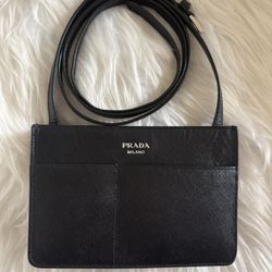 Auth Prada Saffiano Flat Phone Holder Crossbody Bag