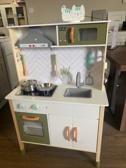 Wooden Play Kitchen for Toddlers, Kids Pretend Play Kitchen Set with Sink, Stove, Microwave & Storage, Montessori Chef Toy Kitchen with Stainless Stee