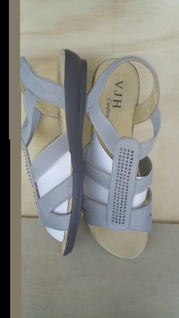 VJH Comfort Flat Open Toe Elastic Slip On Slingback Low Heel Sandals Geat w/Rhinestones