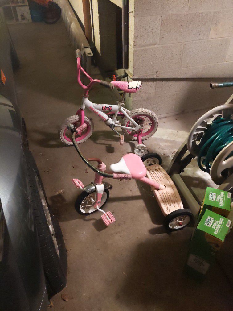 Hello Kitty Bicycle With Training Wheels And Metal Radio Flyer Pink Tricycle Both Work But Aren't New