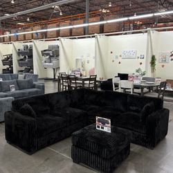 BLACK JUMBO CORDUROY SECTIONAL SOFA COUCH WITH OTTOMAN 