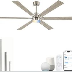 66 Inch Smart Ceiling Fan with Light - High CFM 6 Blades Outdoor Fan, Alexa/Tuya App/Remote Control, 6-Speeds Reversible Quiet DC Motor, Damp Rated fo