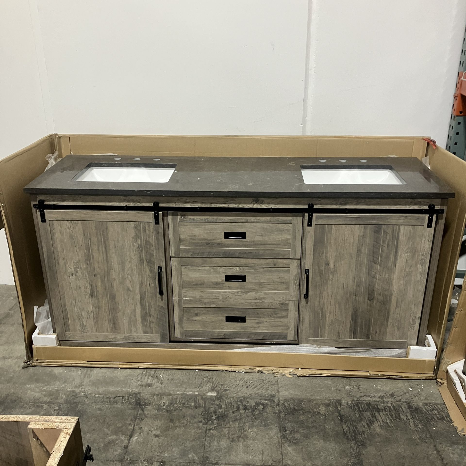 72" Bathroom Vanity Barn Door Stone Countertop (Damaged Top)