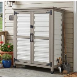 GF31PR Weatherproof Outdoor Storage Cabinet with Lockable Doors, Wooden & Plastic Garden Patio Storage Box with Adjustable Shelves for Tools, Toys, Po
