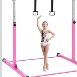 Safly Fun Gymnastics Bar for Kids Ages 3-15 | Sturdy Steel Home Gym, Adjustable Height (3 to 5 ft) with Anti-Slip Base, Easy Assembly