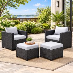 Outdoor Patio Furniture Set, Grey Rattan Outdoor Sectional with Thick Waterproof Cushions, Ottomans & Waterproof Cover, Patio Conversation Set for Bac