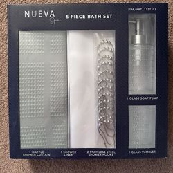 Nueva 5 Piece Bath Set Curtain, Liner, Hooks, Soap Pump & Tumbler