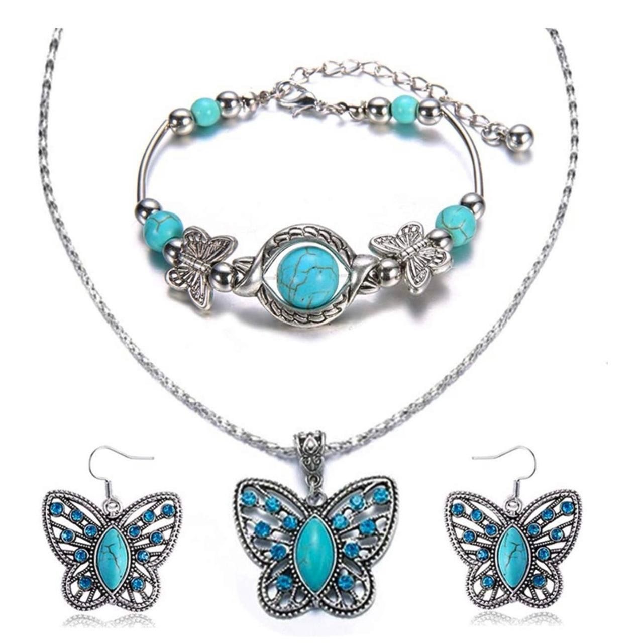 Silver Butterfly Turquoise Bracelet and Earrings Jewelry Set Pendant Necklace and Drop Earrings