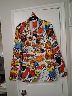 Adult Men's Spirit Halloween comic print 3  peice suit, size Large